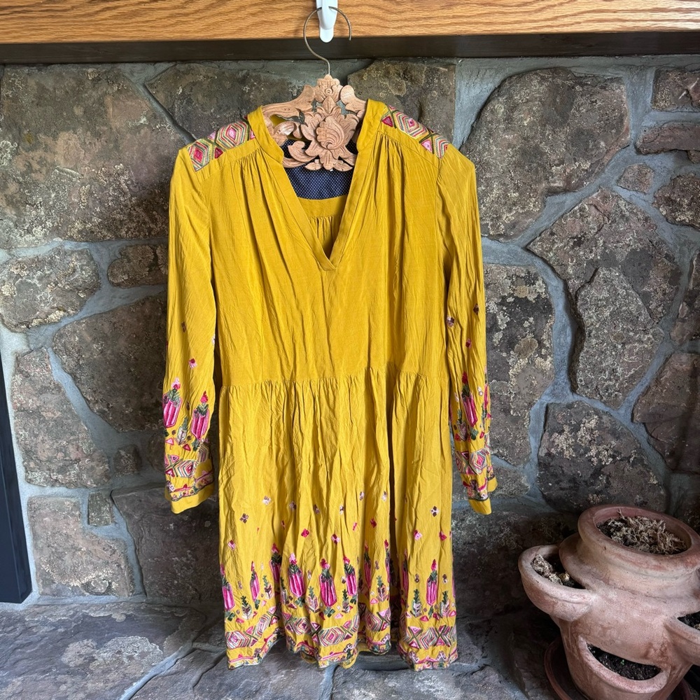 Anthropologie Yellow Pleated Tunic with Mandarin Collar